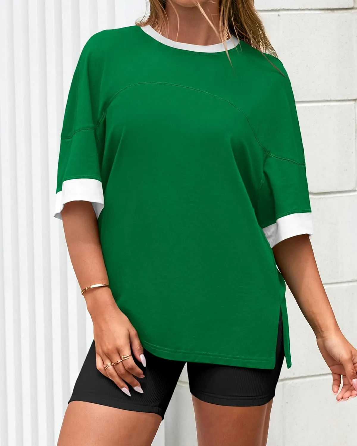 BTFBM Womens Oversized T Shirts Dressy Casual Short Sleeve Summer Tops Crew Neck Color Block Blouse Loose Fit Basic Tee