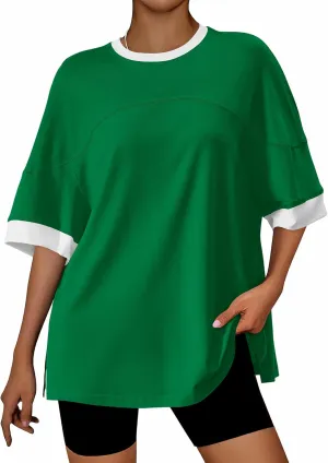 BTFBM Womens Oversized T Shirts Dressy Casual Short Sleeve Summer Tops Crew Neck Color Block Blouse Loose Fit Basic Tee