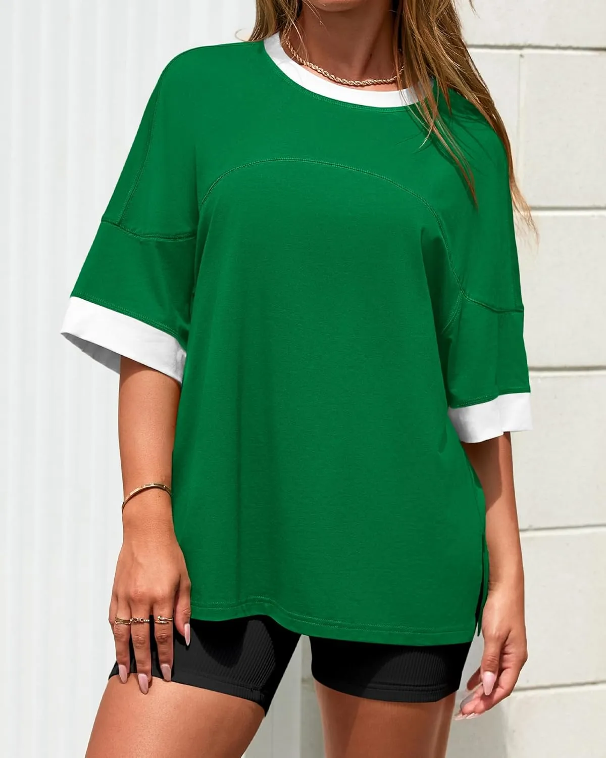 BTFBM Womens Oversized T Shirts Dressy Casual Short Sleeve Summer Tops Crew Neck Color Block Blouse Loose Fit Basic Tee