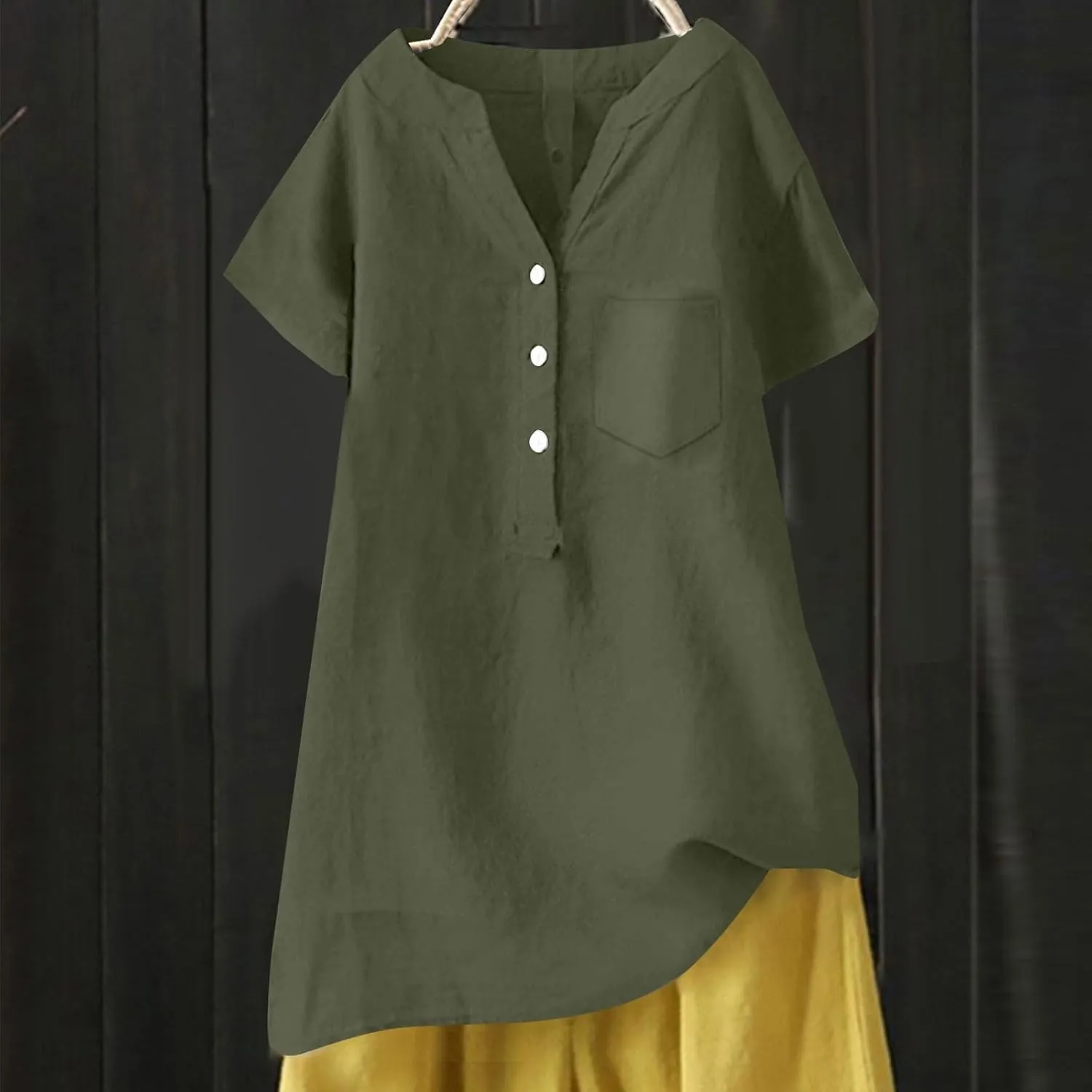 Button Down Shirts Linen Tops for Women Solid Color Shirt Long Sleeve Button Down Loose Fit Vacation Beach