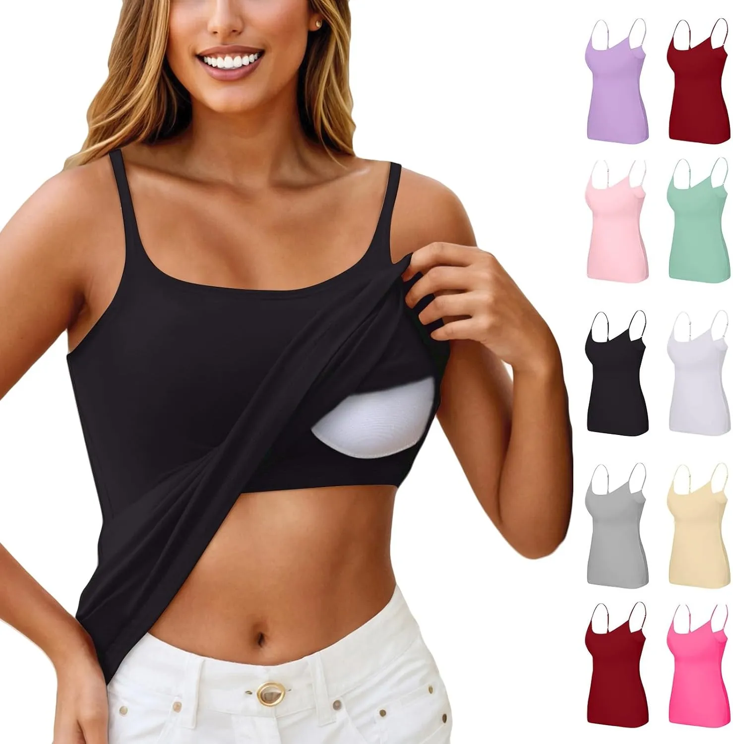 Camisole with Built in Bra for Women Plus Size Scoop Neck Cotton Spaghetti Strap Tank Top Casual Basic Cami Tank Tops