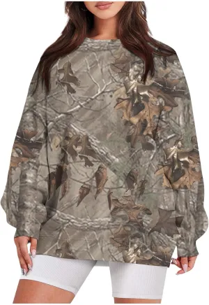 Camo Sweatshirt for Women Maple-Leaf Print Camo Crewneck Sweatshirts Long Sleeve Oversized Sweater Pullover Casual Tops