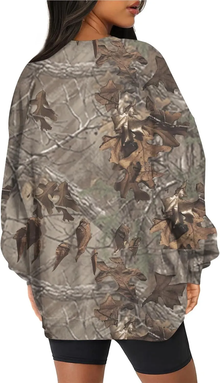 Camo Sweatshirt for Women Maple-Leaf Print Camo Crewneck Sweatshirts Long Sleeve Oversized Sweater Pullover Casual Tops