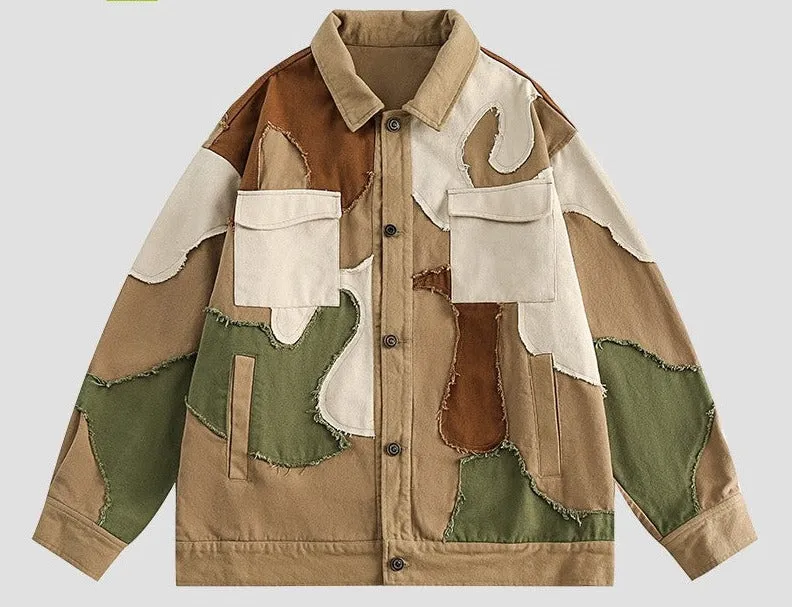 Camouflage color-blocking denim men's jacket