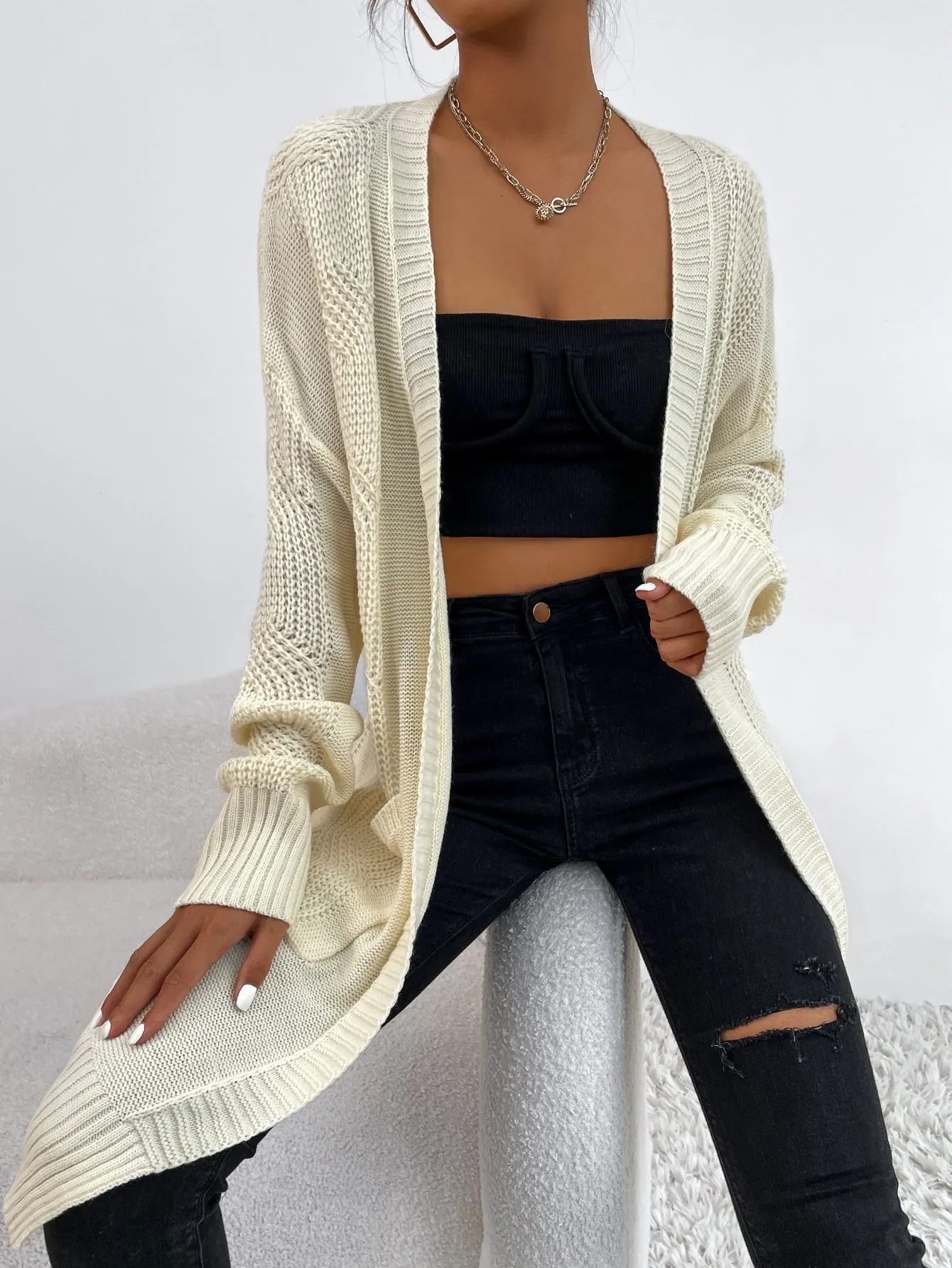 Casual Plain Pocket Long Sleeve Crop Women Cardigan