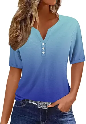 Ceboyel Women Floral Boho Summer Tops 2024 Short Sleeve Henley Shirts V Neck Blouses Tunic Trendy Fashion Vacation Clothes