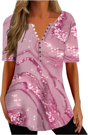 Ceboyel Women Floral Print Henley Shirts Button Down V Neck Sexy Causal Tops Short Sleeve Tunic Blouses Dressy Ladies Outfits