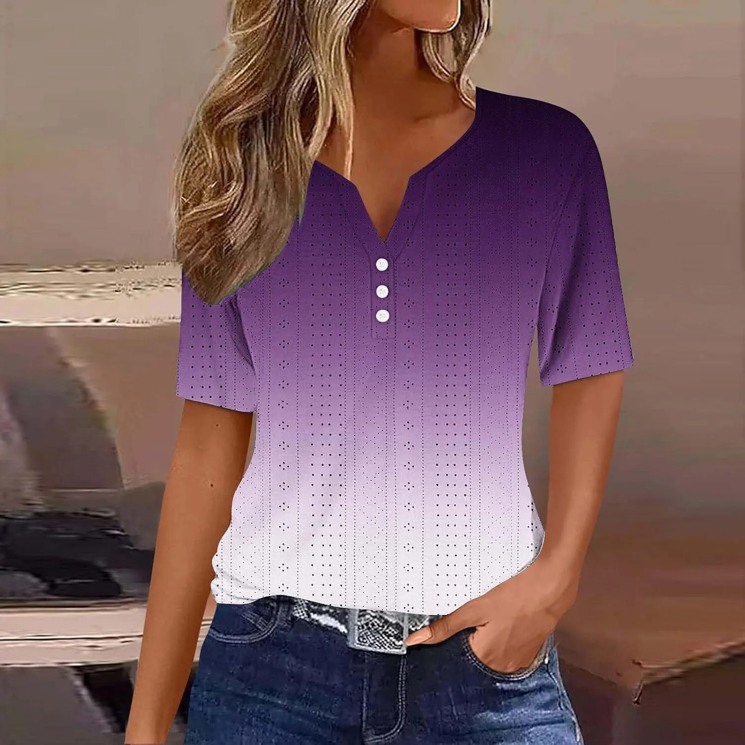 Ceboyel Women Gradient Color Summer Shirts Dressy Causal Eyelet Tops 2024 Henley Blouses Tunic Trendy Vacation Clothing