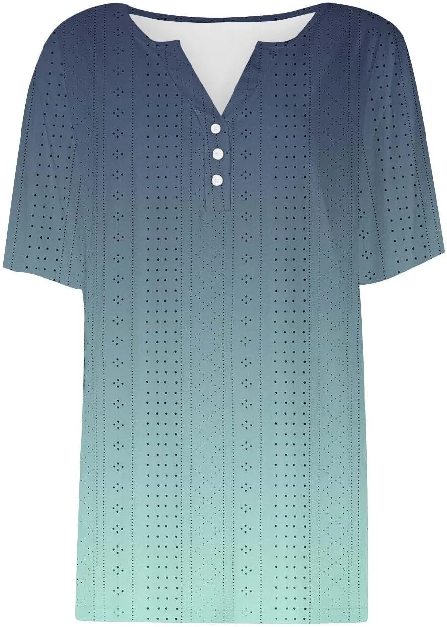Ceboyel Women Gradient Color Summer Shirts Dressy Causal Eyelet Tops 2024 Henley Blouses Tunic Trendy Vacation Clothing