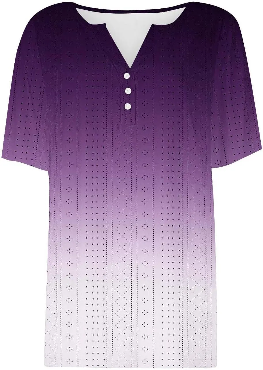 Ceboyel Women Gradient Color Summer Shirts Dressy Causal Eyelet Tops 2024 Henley Blouses Tunic Trendy Vacation Clothing