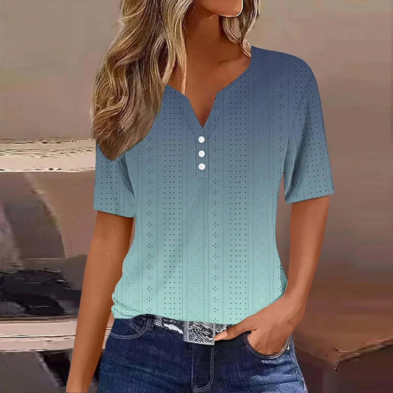 Ceboyel Women Gradient Color Summer Shirts Dressy Causal Eyelet Tops 2024 Henley Blouses Tunic Trendy Vacation Clothing