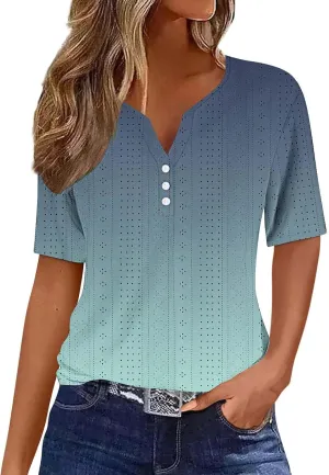 Ceboyel Women Gradient Color Summer Shirts Dressy Causal Eyelet Tops 2024 Henley Blouses Tunic Trendy Vacation Clothing