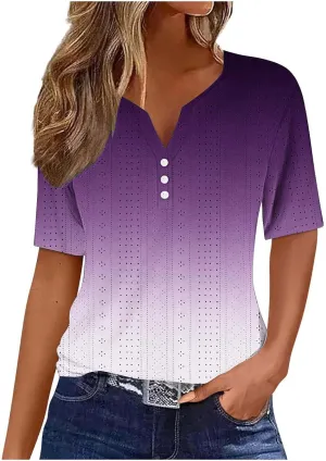 Ceboyel Women Gradient Color Summer Shirts Dressy Causal Eyelet Tops 2024 Henley Blouses Tunic Trendy Vacation Clothing