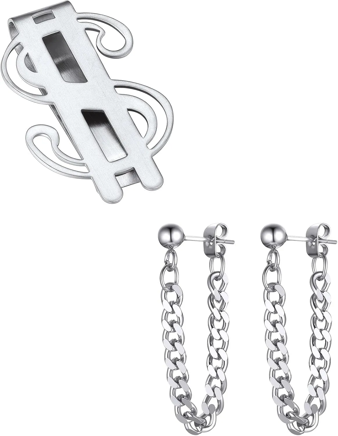 ChainsHouse Stainless Steel Dollar Sign Money Clip Cuban Chain Huggie Earrings for Men