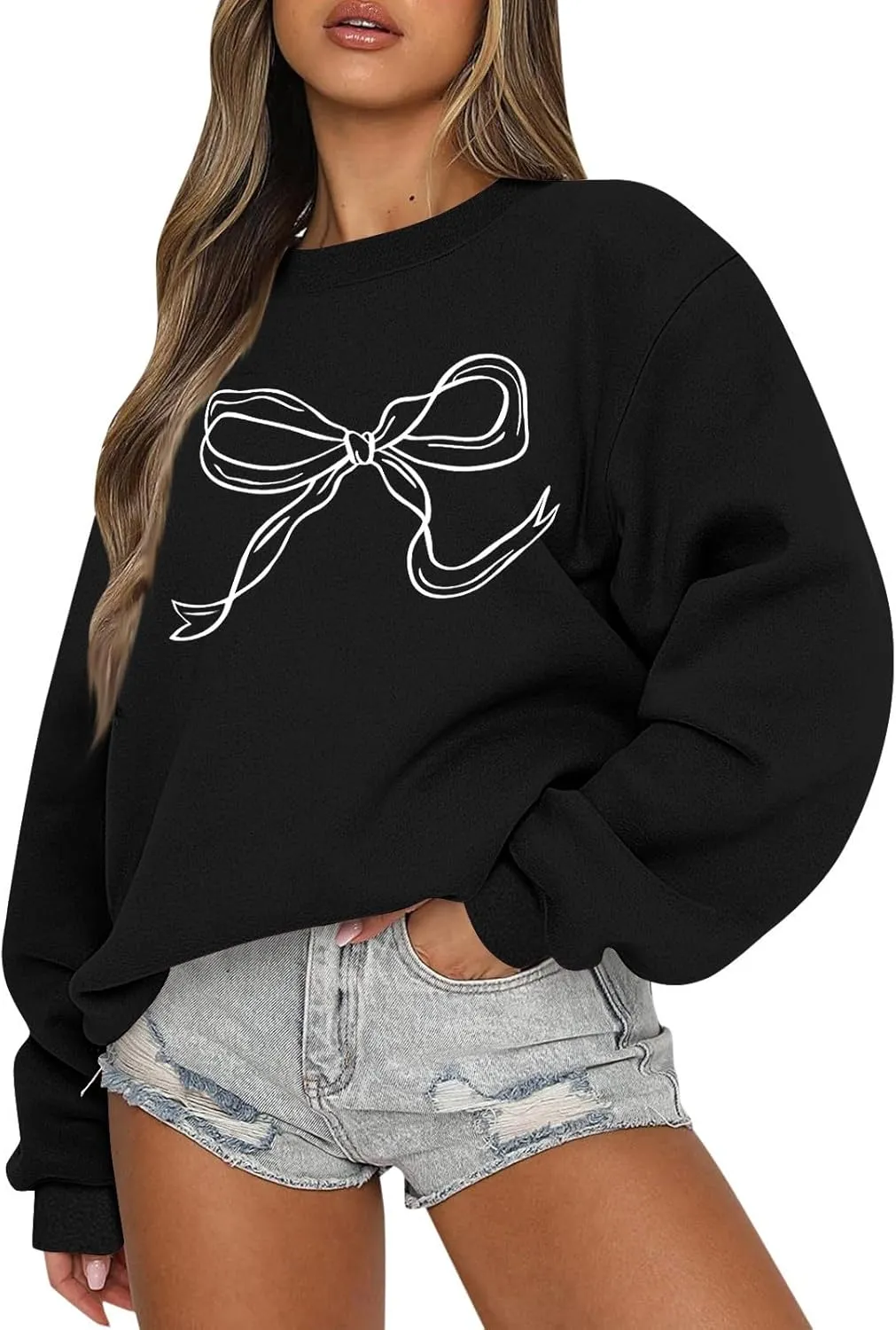 ChicCrate Oversized Crewneck Sweatshirt Women Cute Bow Graphic Sweatshirts Long Sleeve Pullover Bow Sweater Y2k Tops
