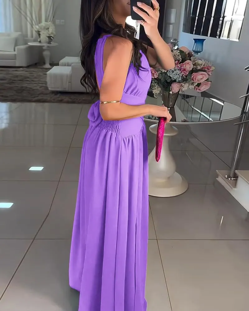 CHICME Women's Sleeveless Halter Neck Dress Criss Cross Tie Back Split High Maxi Dress