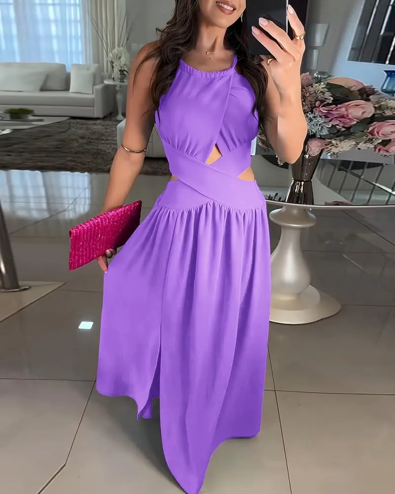 CHICME Women's Sleeveless Halter Neck Dress Criss Cross Tie Back Split High Maxi Dress