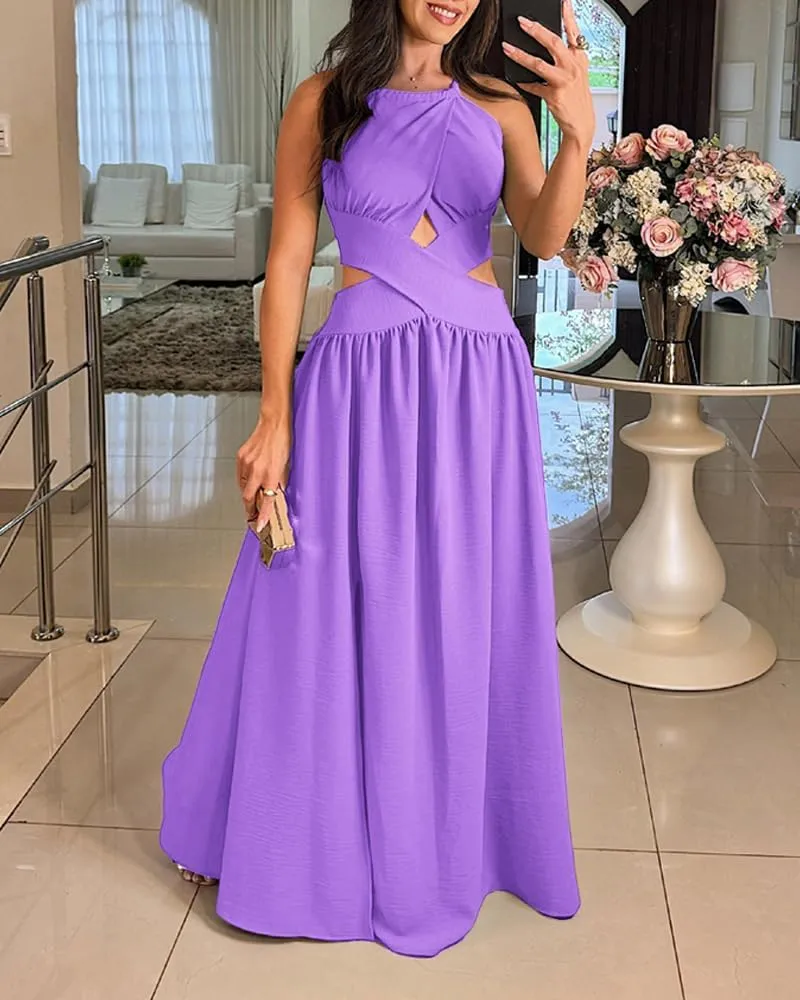 CHICME Women's Sleeveless Halter Neck Dress Criss Cross Tie Back Split High Maxi Dress
