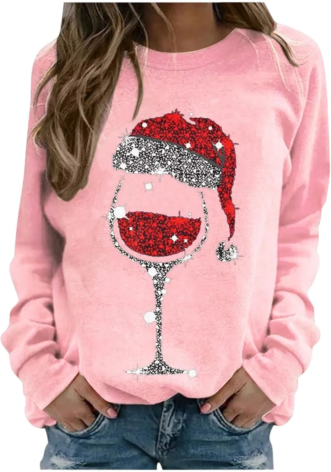 Christmas Sweatshirts for Women Oversized Graphic Pullover Long Sleeve Fleece Lined Shirt Winter Crewneck Sweatshirt