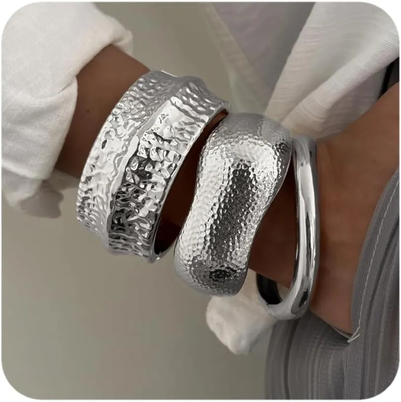 Chunky Gold Bangle Bracelets for Women 14K Gold Plated Minimalist Modern Wide Arm Cuff Irregular Set of 3 Fits 6.5-7.5" Wrists