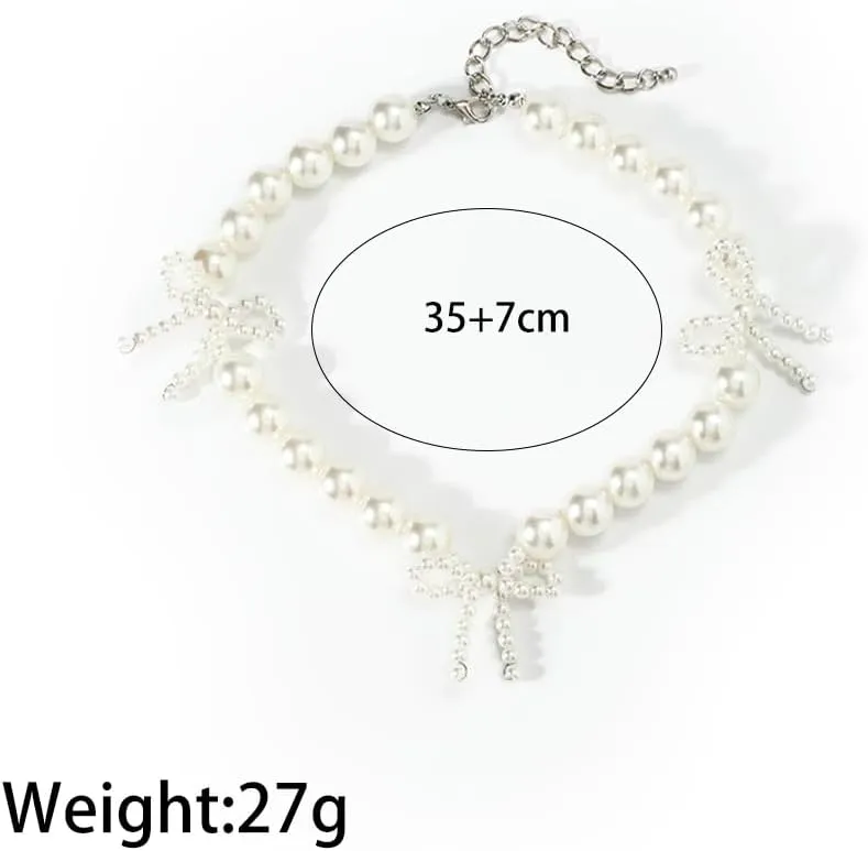 Chunky Gold Bow Beads Choker Necklace for Women Big Pearl Bowknot Clavicle Necklace Adjustable Statement Ball Necklace Wedding Jewelry Gift for Bride