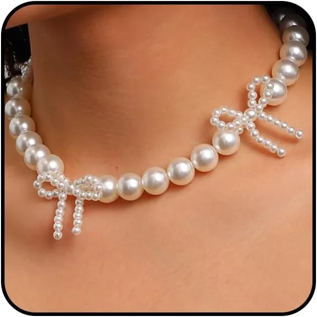 Chunky Gold Bow Beads Choker Necklace for Women Big Pearl Bowknot Clavicle Necklace Adjustable Statement Ball Necklace Wedding Jewelry Gift for Bride