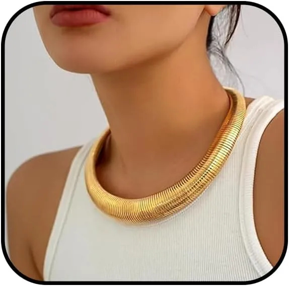Chunky Gold Necklace for Women Thick Gold Chain Necklace Silver Statement Necklace Flat Snake Chain Necklace Exaggerated Choker Necklace Adjustable Chunky Gold Necklace Elegant Jewelry