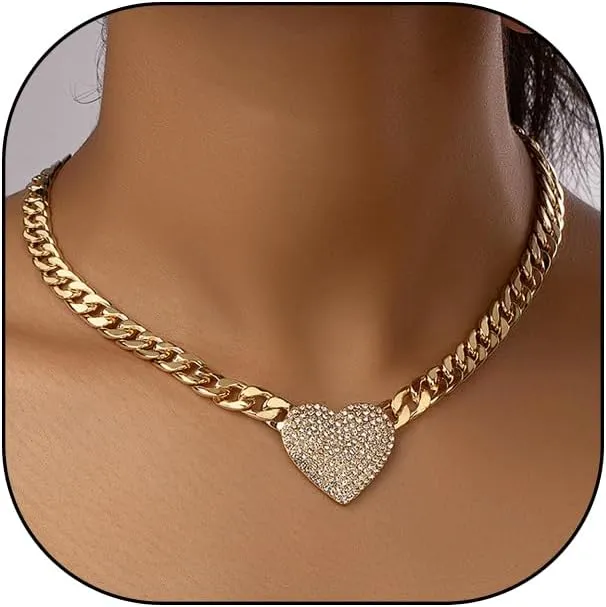 Chunky Gold Zircon Heart Choker Necklace for Women Punk Adjustable CZ Love Statement Necklace Hip Hop Cuban Chain Necklace Jewelry Accessories