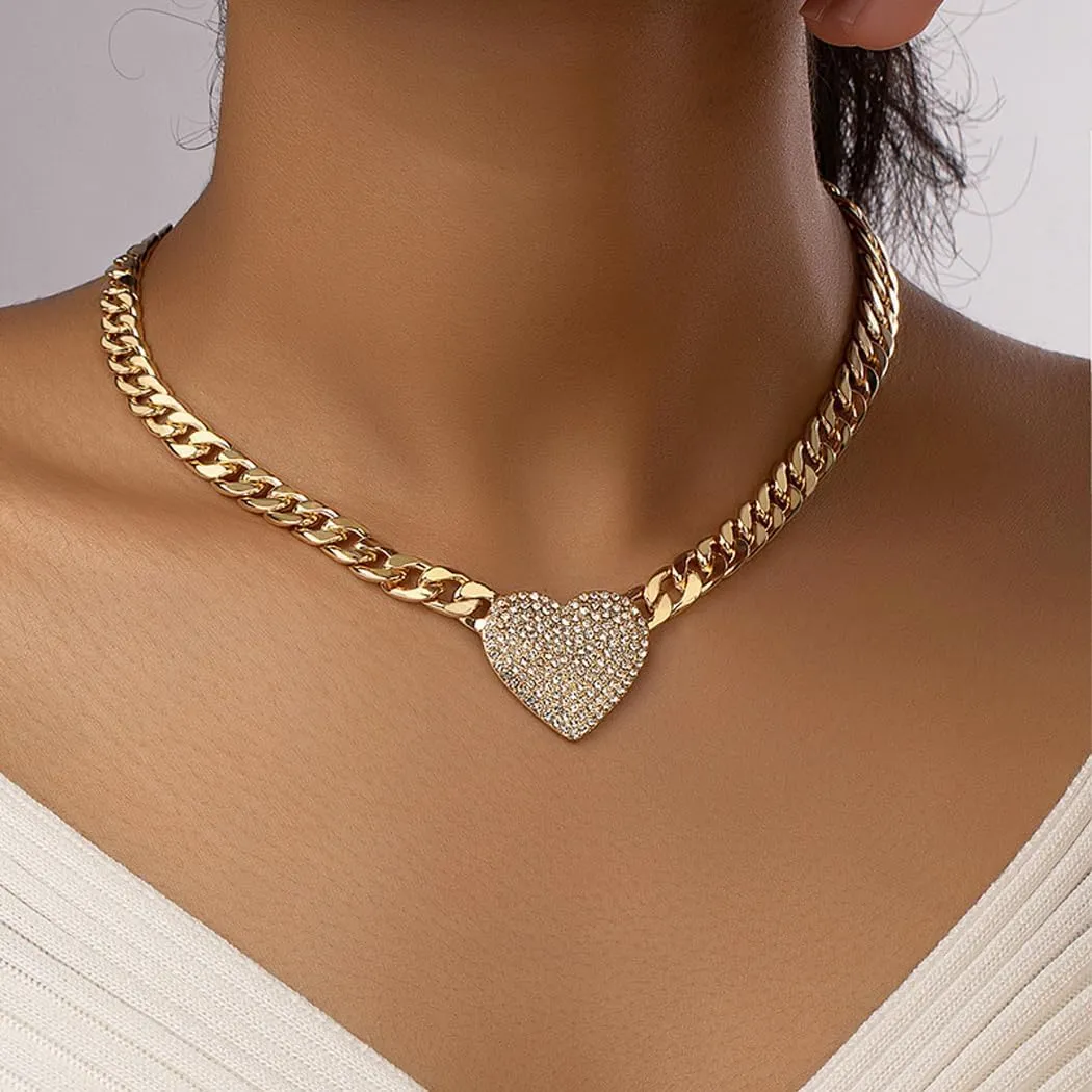 Chunky Gold Zircon Heart Choker Necklace for Women Punk Adjustable CZ Love Statement Necklace Hip Hop Cuban Chain Necklace Jewelry Accessories