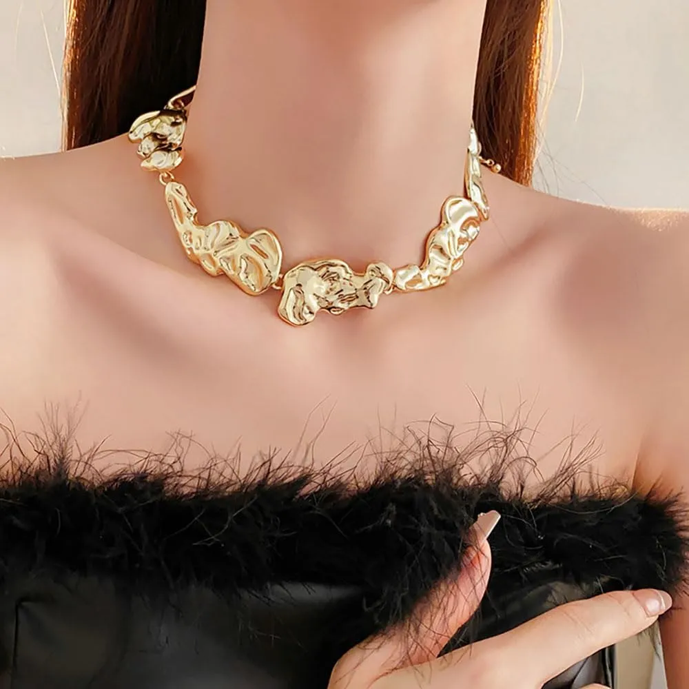 CJIAYUJEW Gold Statement Choker Necklace for Women Chunky Choker Necklace Thick Geometric Metallic Abstract Collar Necklace Gold Irregular Lava Choker Charm Punk Necklaces Jewelry
