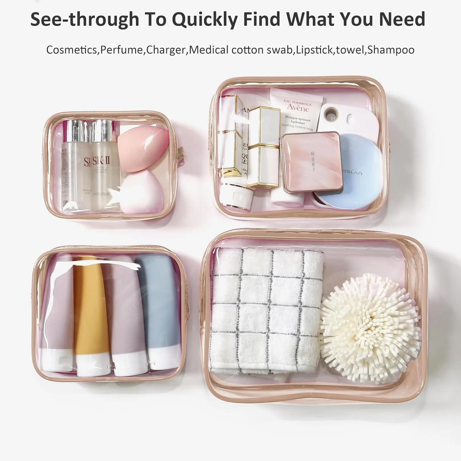 Clear Toiletry Bag, 4 Packs TSA Approved Water resistant Quart Size Travel Organizer, Airport Airline Travel Essential Carry On Makeup Cosmetic Bags for Women (Light Pink, Pack of 4)