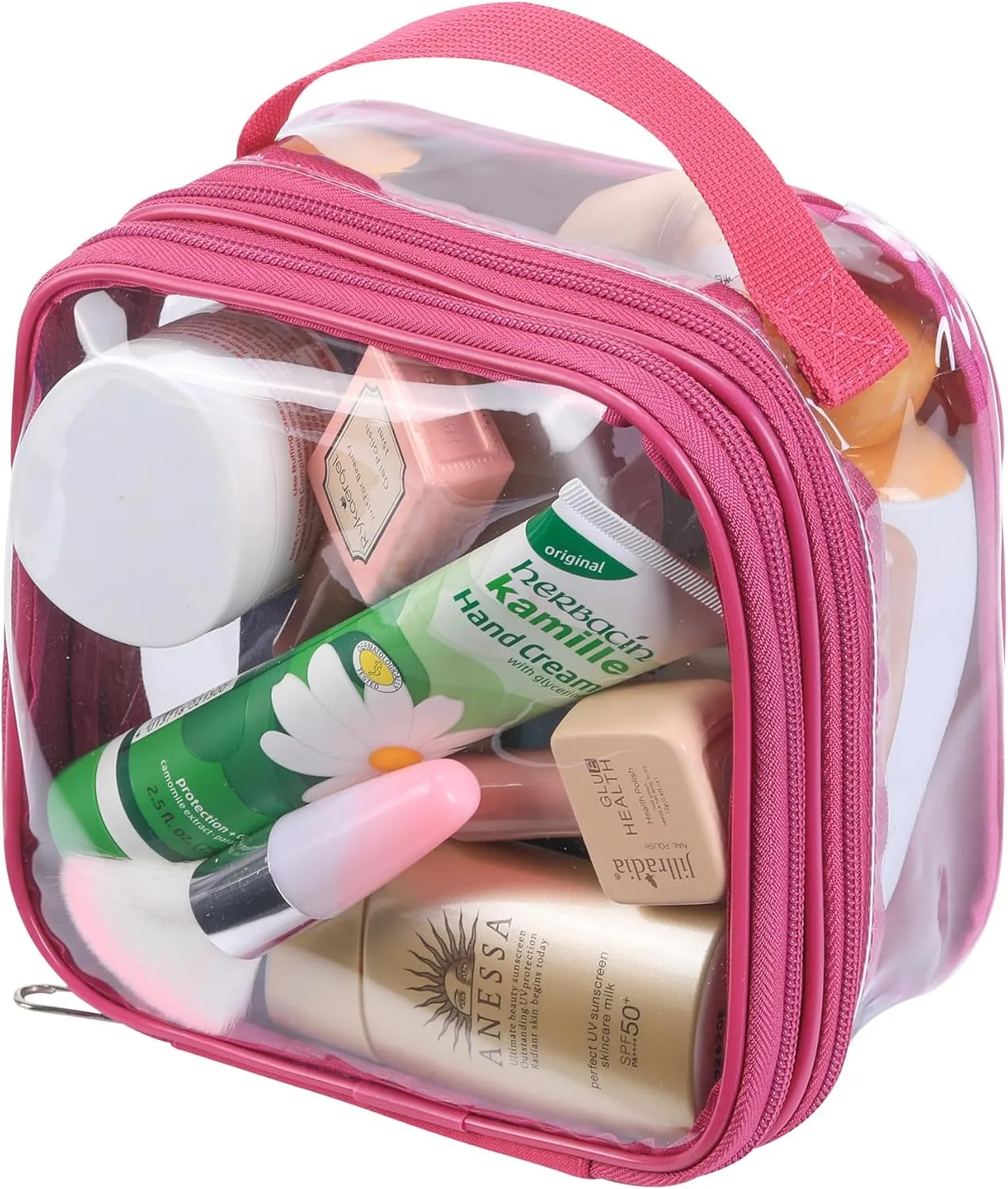 Clear TSA approved toiletry bag makeup carry on see through pouch organizer reusable proof(pink rose)
