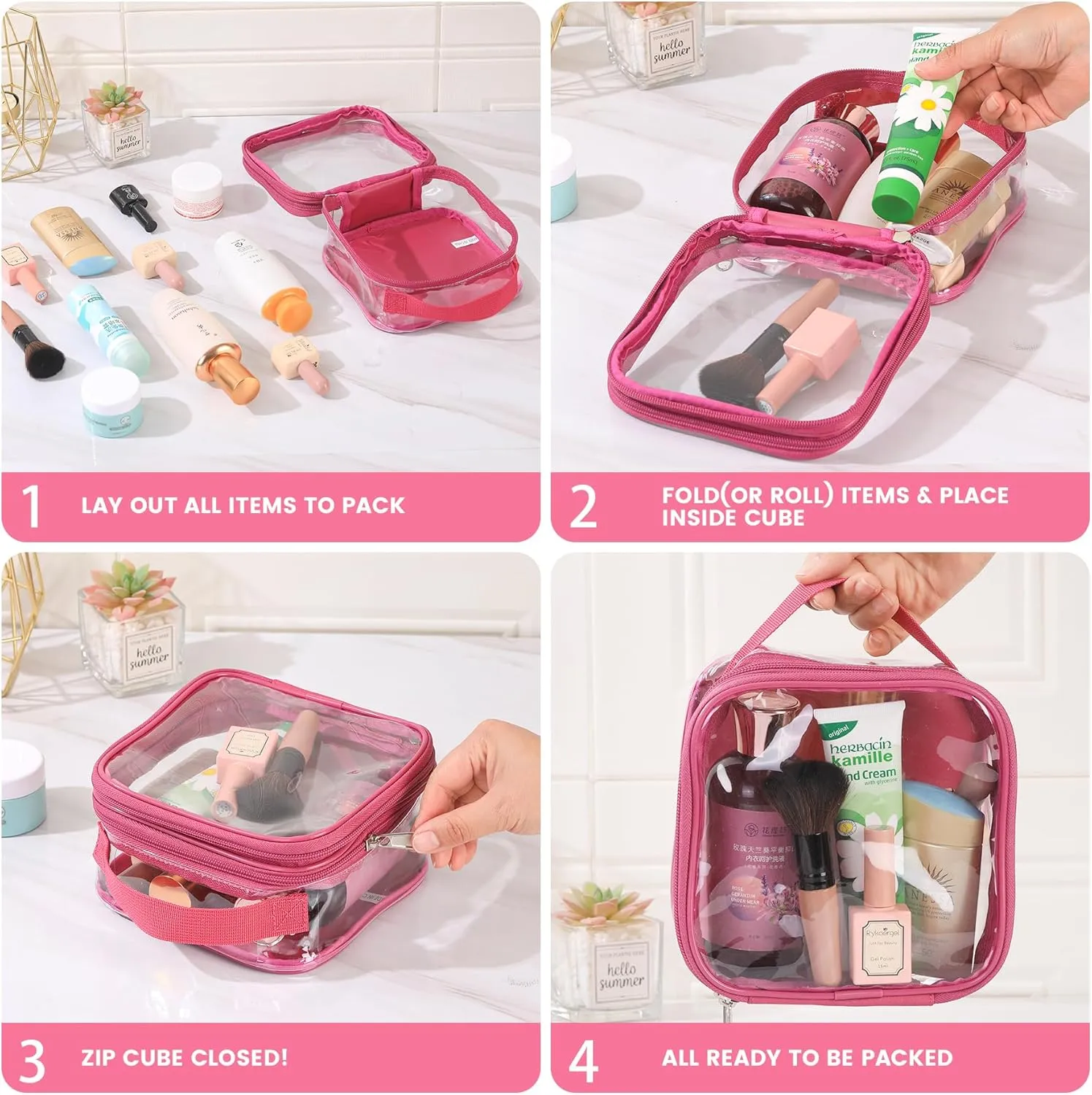 Clear TSA approved toiletry bag makeup carry on see through pouch organizer reusable proof(pink rose)