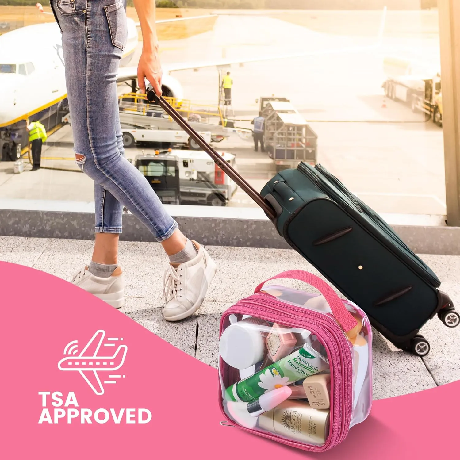 Clear TSA approved toiletry bag makeup carry on see through pouch organizer reusable proof(pink rose)