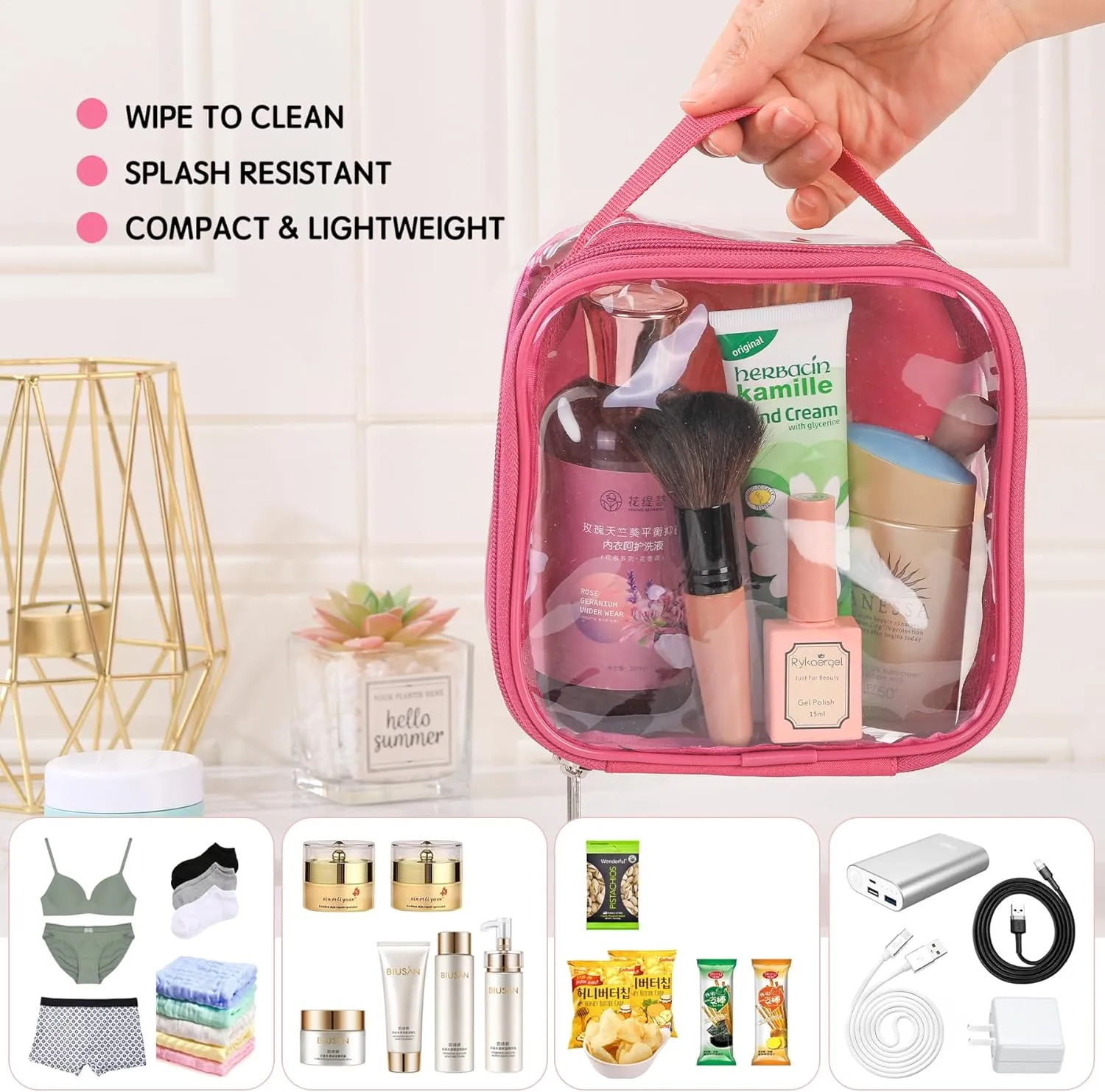 Clear TSA approved toiletry bag makeup carry on see through pouch organizer reusable proof(pink rose)