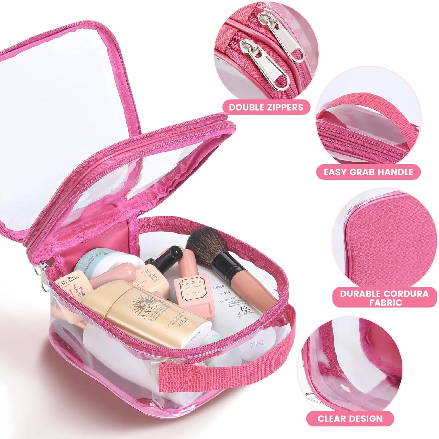 Clear TSA approved toiletry bag makeup carry on see through pouch organizer reusable proof(pink rose)