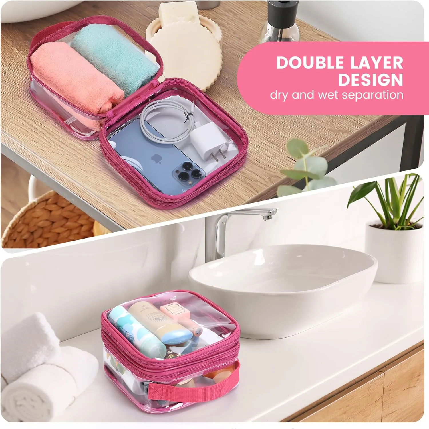 Clear TSA approved toiletry bag makeup carry on see through pouch organizer reusable proof(pink rose)