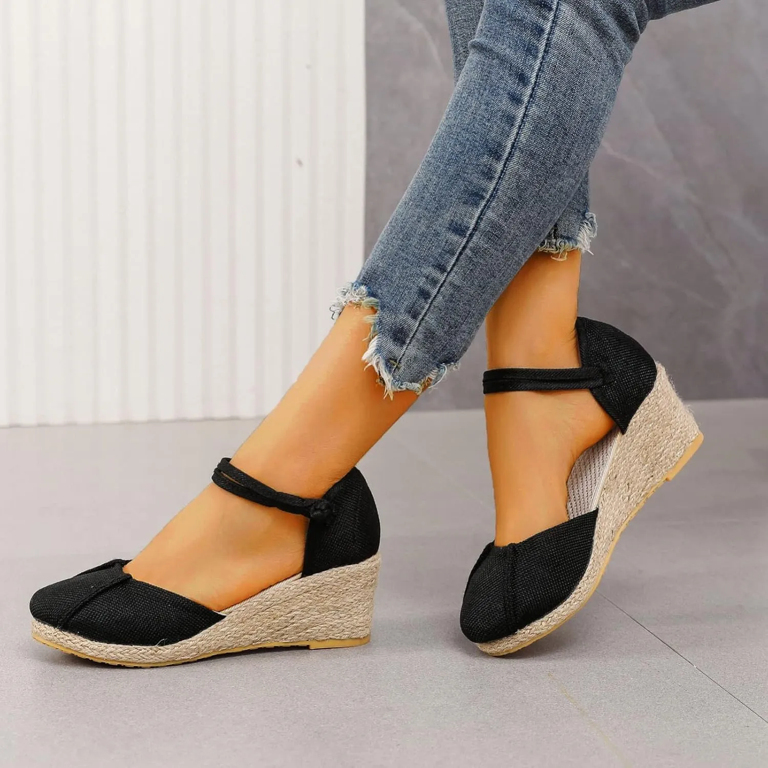 Closed Toe Ankle Strap Sandals for Women Espadrille Wedge Sandals Outdoor Walking Shoes Comfortable Footwear Breathable Beach Shoes Dressy Casual Wedges Womens Comfy Sandal Mid Heel Ankle Strappy