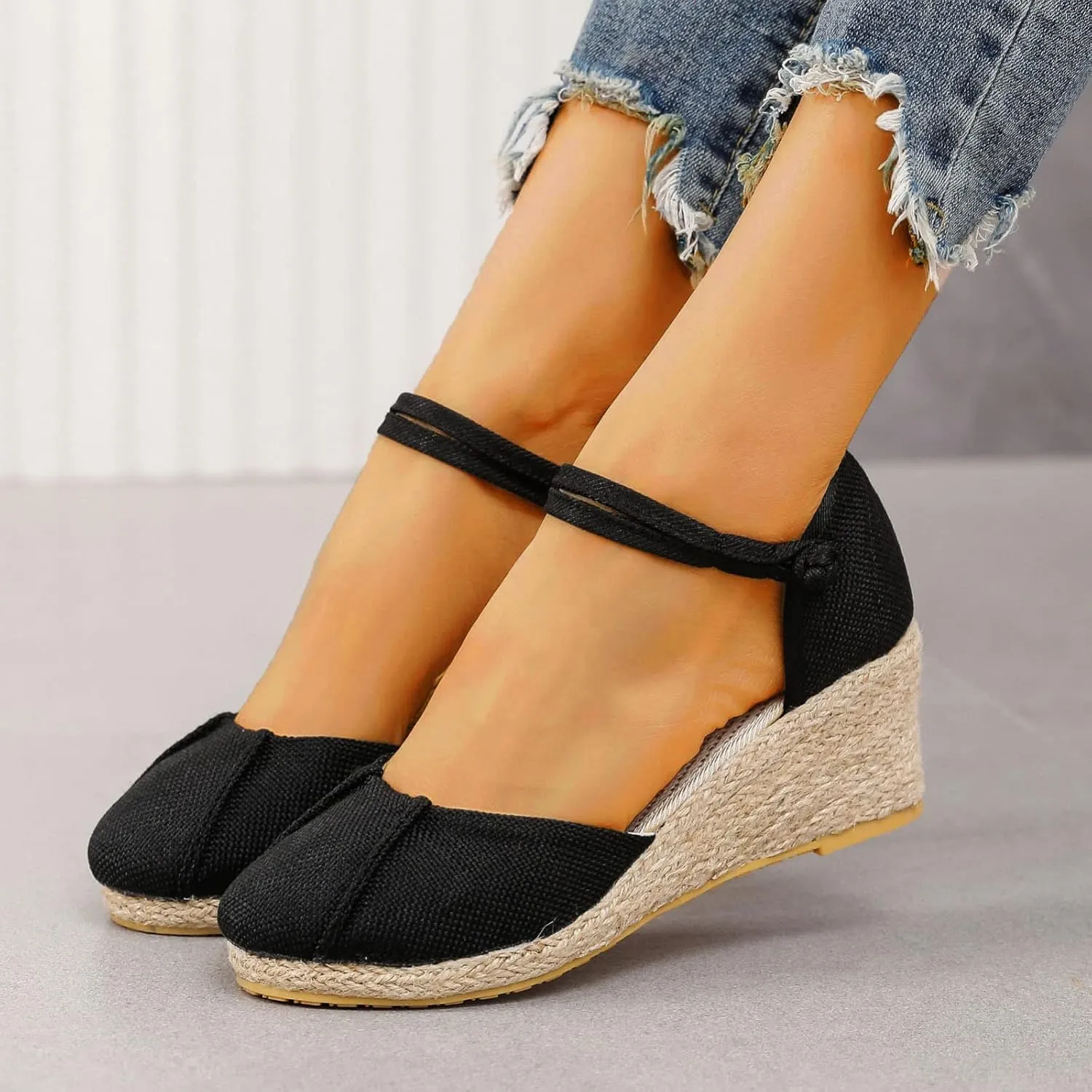 Closed Toe Ankle Strap Sandals for Women Espadrille Wedge Sandals Outdoor Walking Shoes Comfortable Footwear Breathable Beach Shoes Dressy Casual Wedges Womens Comfy Sandal Mid Heel Ankle Strappy