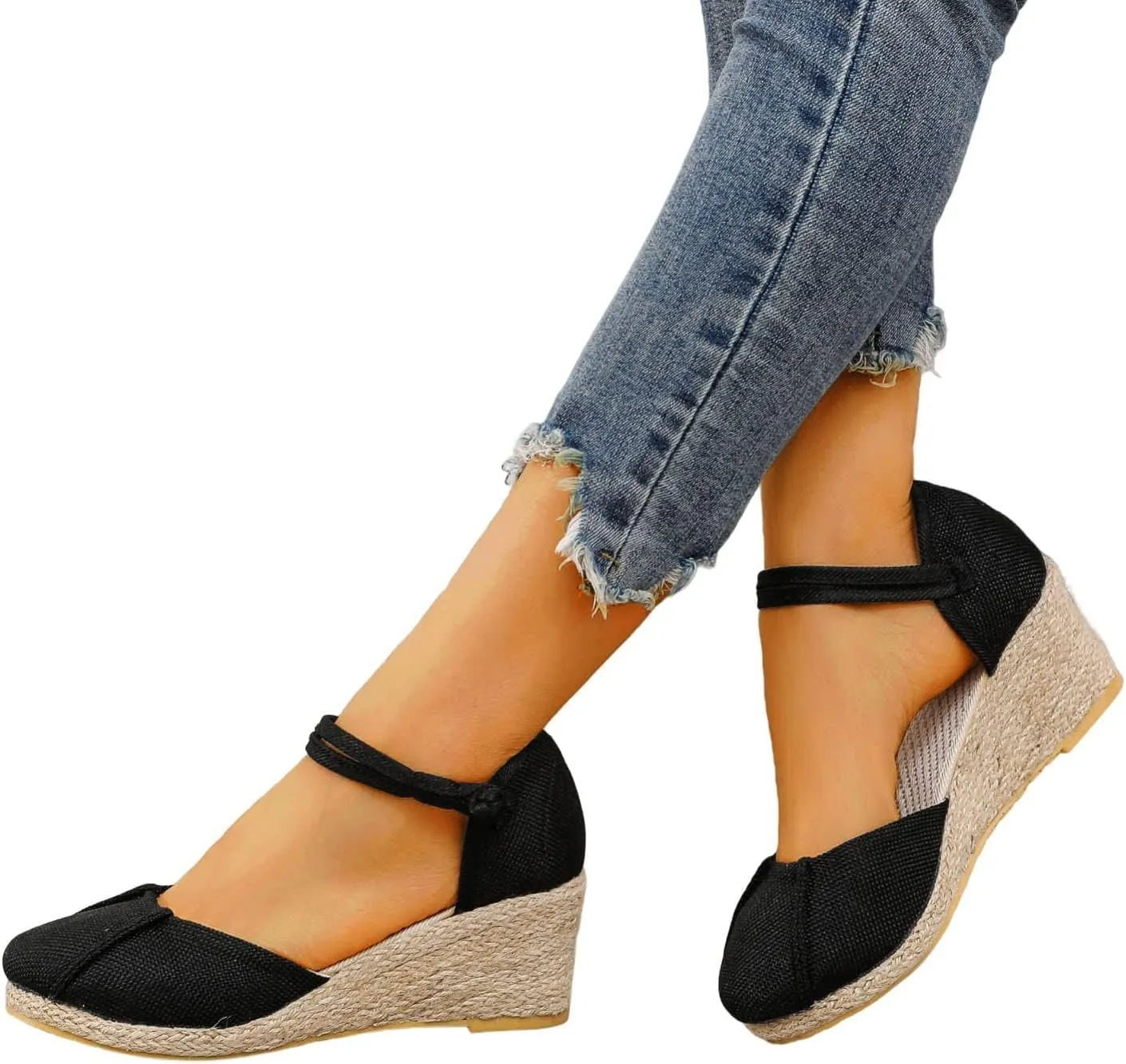 Closed Toe Ankle Strap Sandals for Women Espadrille Wedge Sandals Outdoor Walking Shoes Comfortable Footwear Breathable Beach Shoes Dressy Casual Wedges Womens Comfy Sandal Mid Heel Ankle Strappy