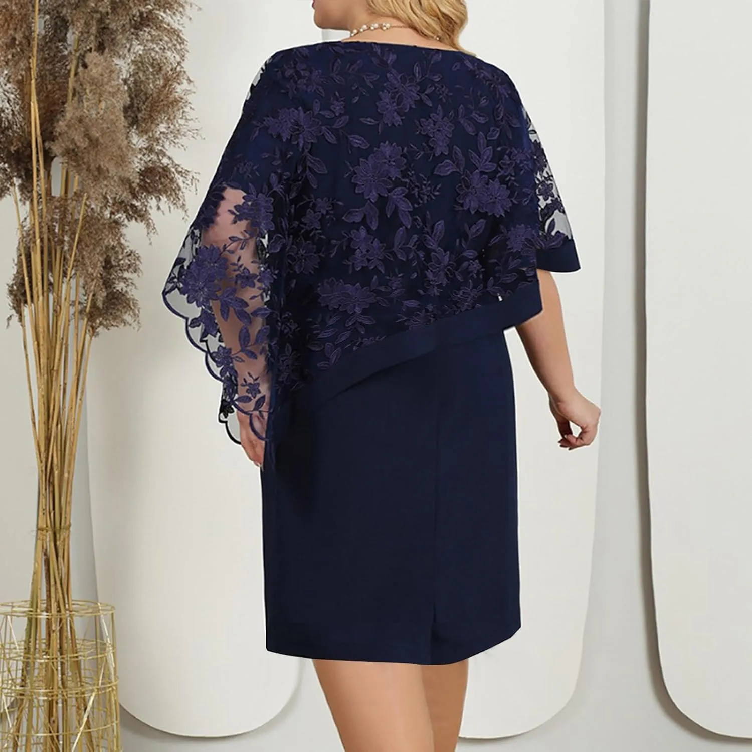 Cocktail Dresses for Women Plus Size Lace Embroidered Ruffles Shawl Short Sleeves Party Mini Dress Beach Sundress