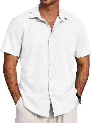 COOFANDY Men's Beach Summer Shirts Linen Texture Shirts Short Sleeve Casual Button Down Shirt
