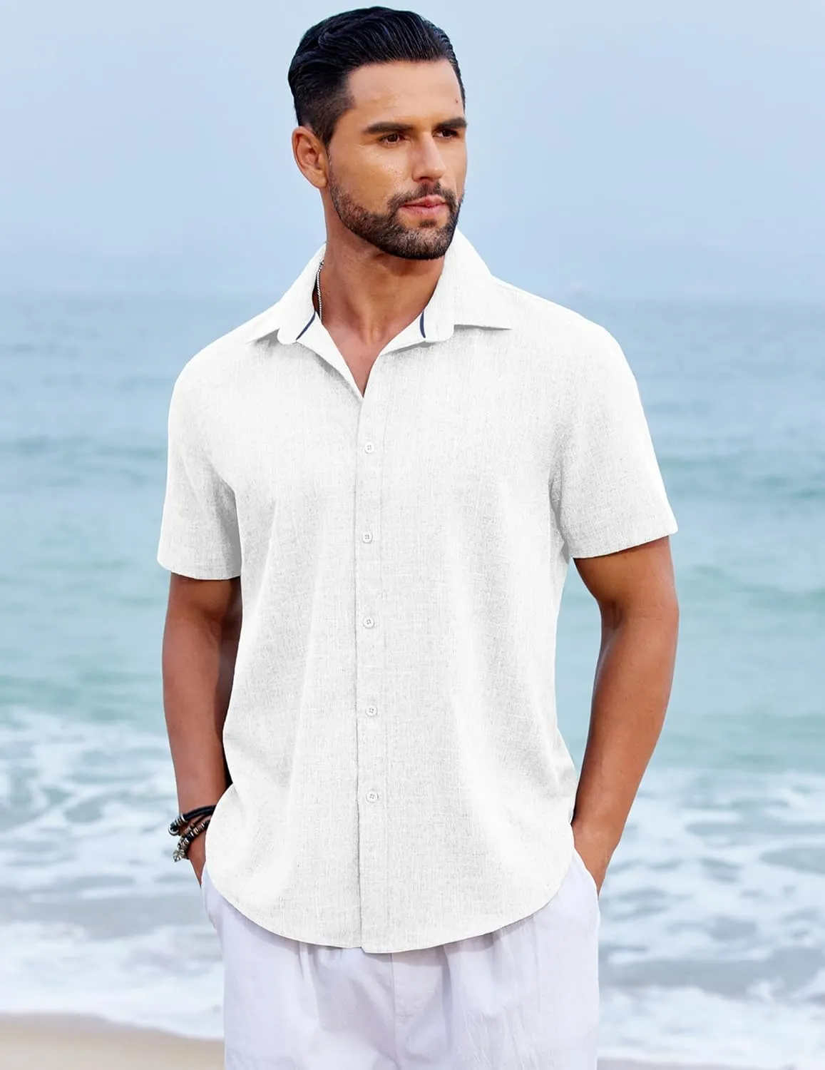 COOFANDY Men's Beach Summer Shirts Linen Texture Shirts Short Sleeve Casual Button Down Shirt