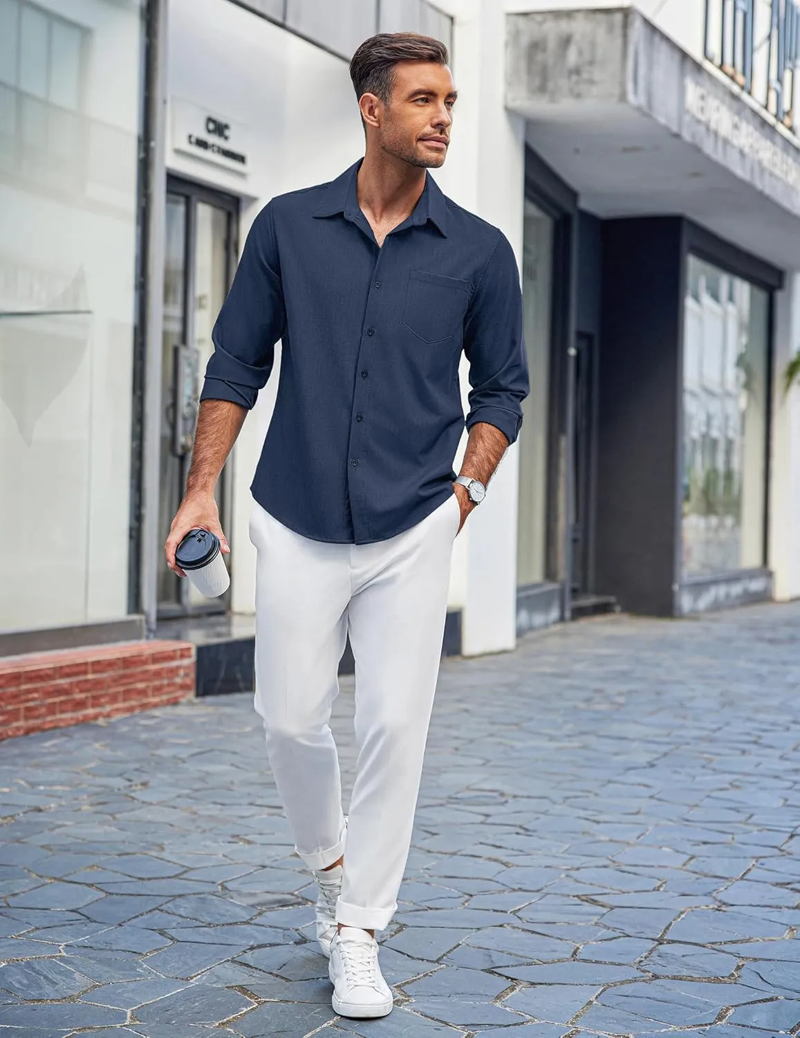 COOFANDY Men's Casual Button Down Shirts Long Sleeve Untucked Shirts Regular Fit Linen Shirt