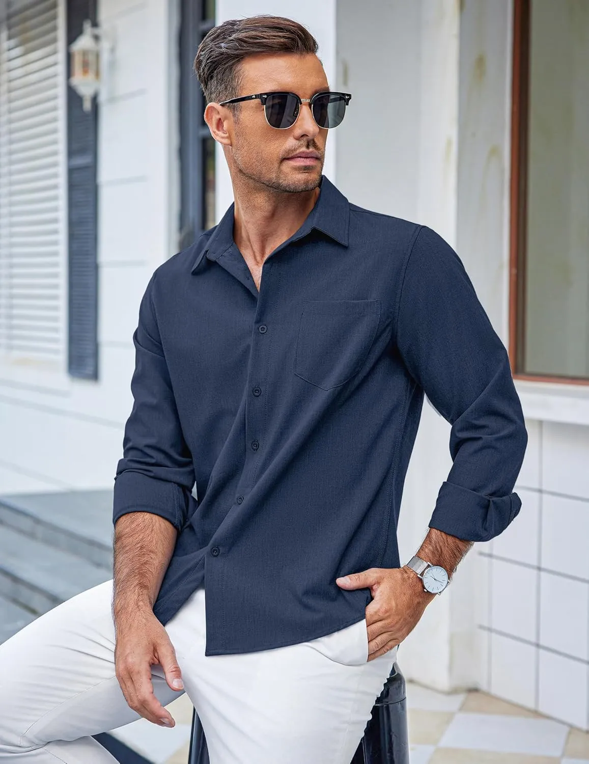 COOFANDY Men's Casual Button Down Shirts Long Sleeve Untucked Shirts Regular Fit Linen Shirt