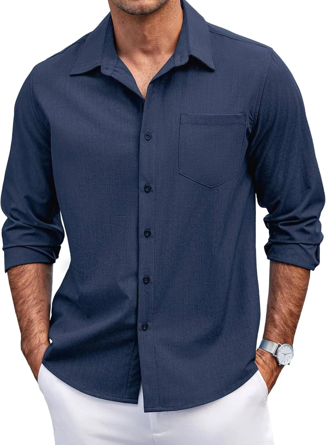 COOFANDY Men's Casual Button Down Shirts Long Sleeve Untucked Shirts Regular Fit Linen Shirt