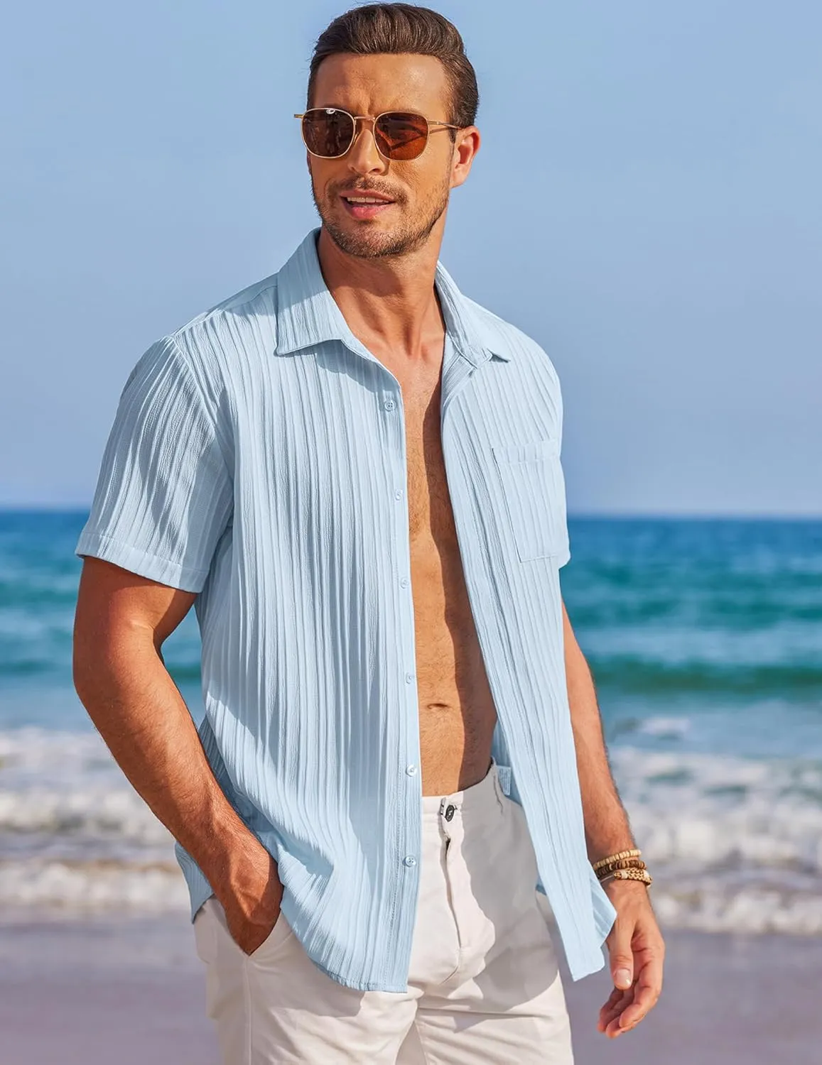 COOFANDY Mens Casual Shirts Short Sleeve Button Down Shirts Fashion Textured Summer Beach Shirt