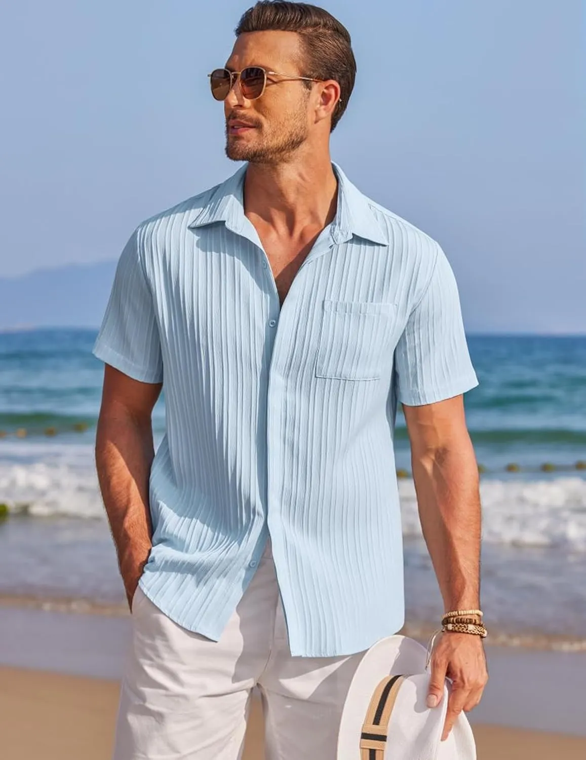 COOFANDY Mens Casual Shirts Short Sleeve Button Down Shirts Fashion Textured Summer Beach Shirt