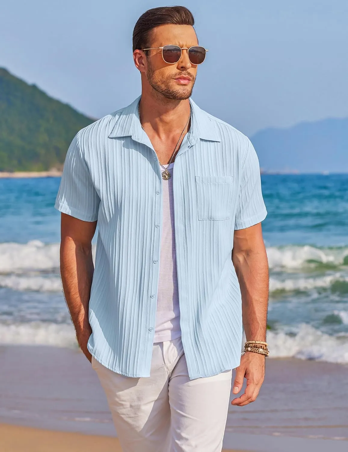 COOFANDY Mens Casual Shirts Short Sleeve Button Down Shirts Fashion Textured Summer Beach Shirt