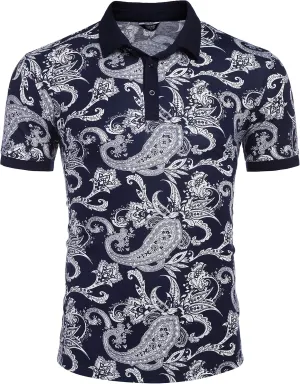 COOFANDY Mens Casual Short Sleeve Polo Shirts Slim Fit Paisley Polo T Shirts Floral Print Shirt